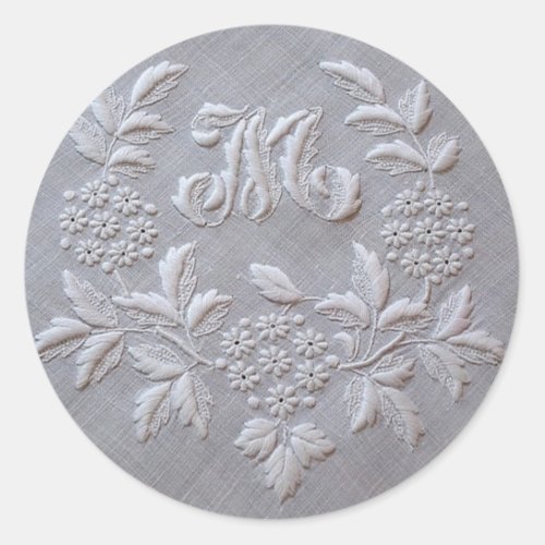 Elegant Grey Embroidery Floral Monogram letter M Classic Round Sticker