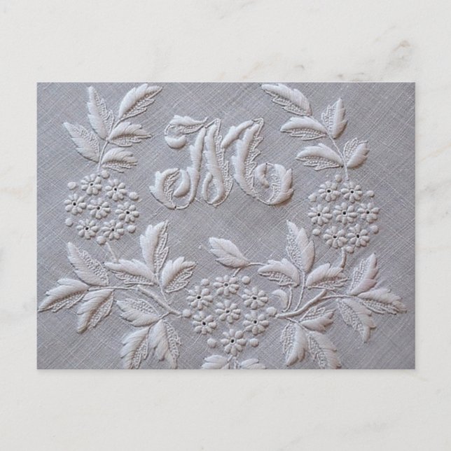 Elegant Grey Embroidery Floral Monogram letter M Postcard (Front)