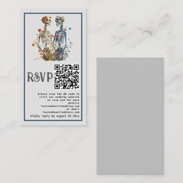 Elegant Grey Floral Skeleton QR Wedding RSVP Card (Front/Back)