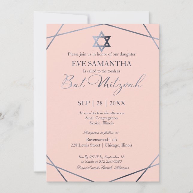 Elegant Grey Foil Geometric Bat Mitzvah Invitation (Front)