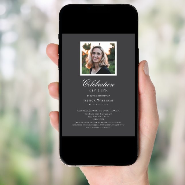 Elegant Grey Funeral Photo Celebration of Life Invitation (Front Digital)