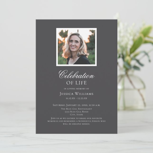 Elegant Grey Funeral Photo Celebration of Life Invitation (Standing Front)