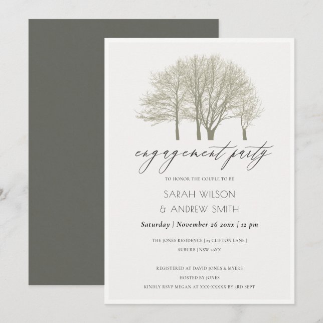 ELEGANT GREY GOLD FALL AUTUMN TREE ENGAGEMENT CARD (Front/Back)