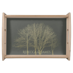 ELEGANT GREY GOLD FALL AUTUMN TREES MONOGRAM SERVING TRAY