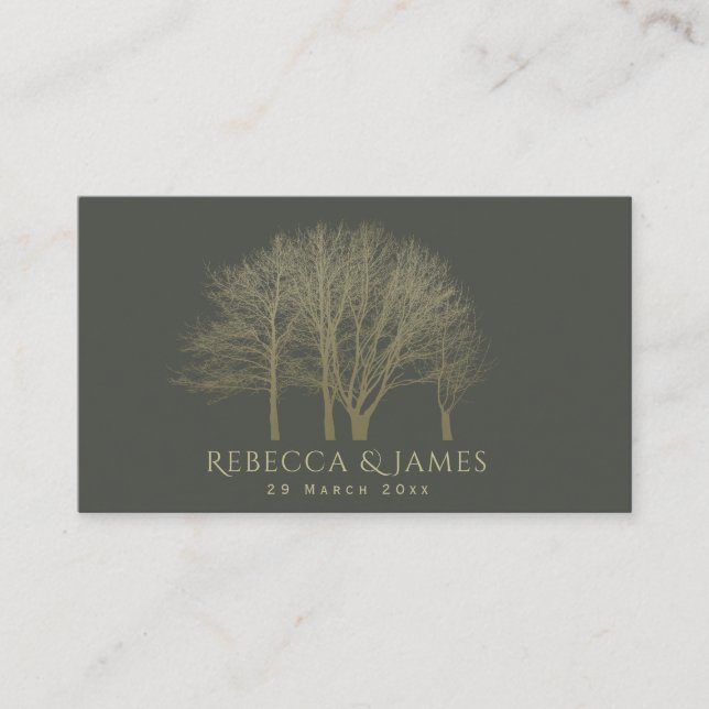 ELEGANT GREY GOLD FALL AUTUMN TREES Wedding Business Card (Front)
