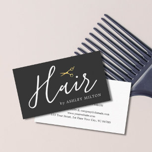 Elegant Grey Gold Scissors Hair Stylist Business Card