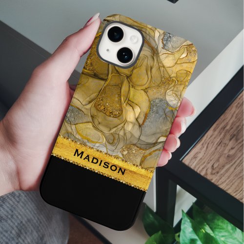 Elegant Grey golden marble art glitter design iPhone 15 Case