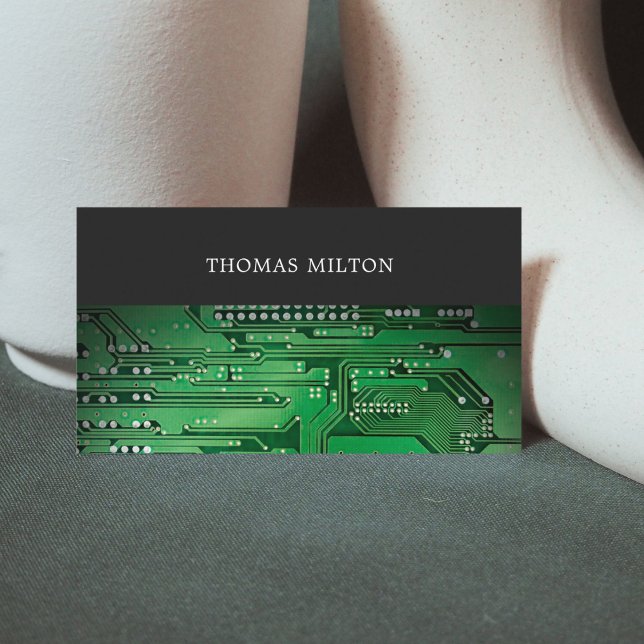 Elegant Grey Green Circuit Board Consultant Business Card (Creator Uploaded)