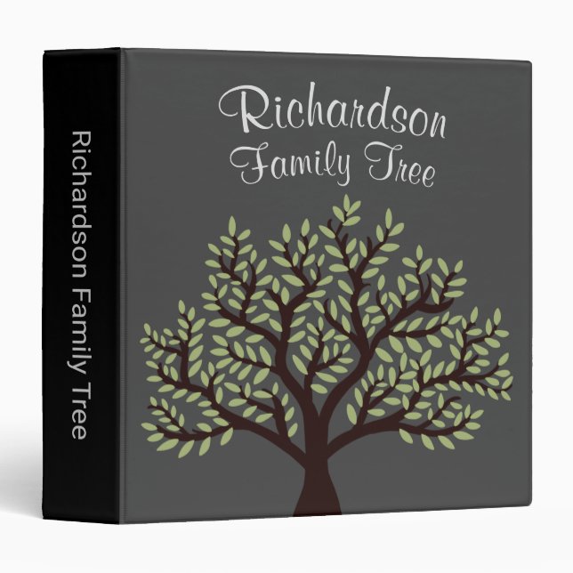 Elegant Grey & Leafy Green Family Tree Genealogy 3 Ring Binder (Front/Spine)