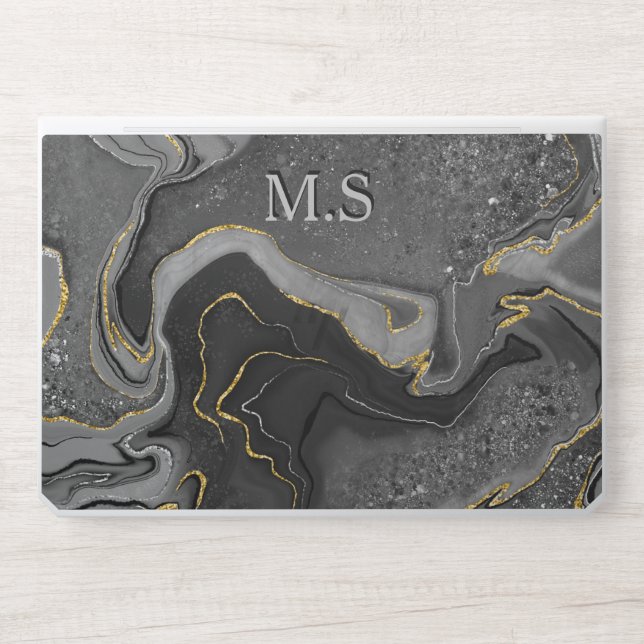 Elegant grey marble art faux gold glitter HP laptop skin (Front)