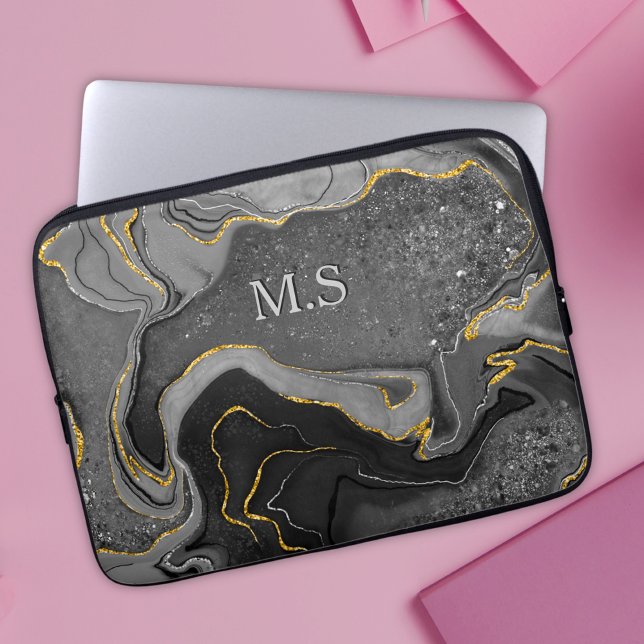 Elegant grey marble art faux gold glitter laptop sleeve (Creator Uploaded)