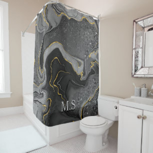 Elegant grey marble art faux gold glitter shower curtain