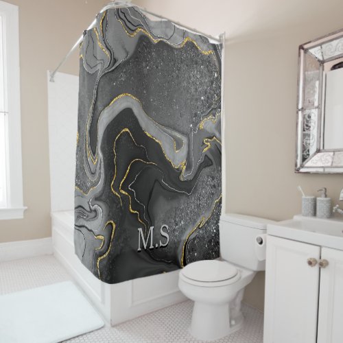 Elegant grey marble art faux gold glitter shower curtain