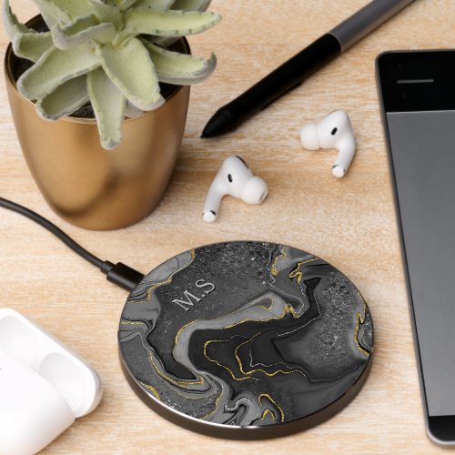 Elegant grey marble art faux gold glitter wireless charger 