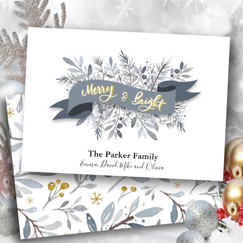 Elegant Grey Modern Script Watercolor Floral  Holiday Card