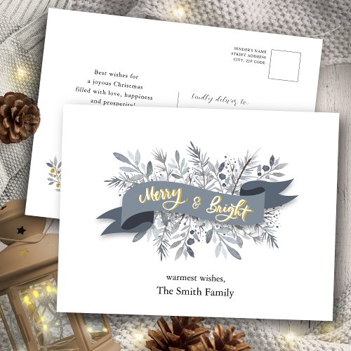 Elegant Grey Modern Script Watercolor Floral  Holiday Postcard