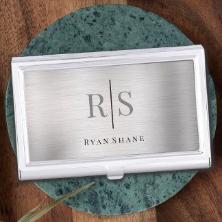 Elegant Grey Monogram & Black Name, Brushed Silver Business Card Case