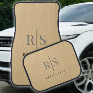 Elegant Grey Monogram & Black Name on Tan Car Floor Mat