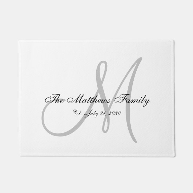 Elegant Grey Monogram Name Newlyweds Wedding Doormat (Front)