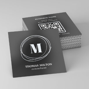 Elegant Grey Monogram QR Code Consultant Silver Foil Business Cards