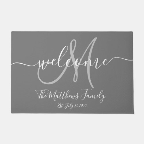 Elegant Grey Monogram Script Name Wedding Date Doormat