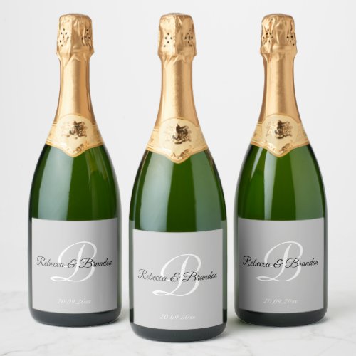 Elegant Grey Monogram Wedding Name Sparkling Wine  Sparkling Wine Label