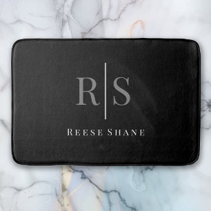 Elegant Grey Monogram & White Name, Black Bath Mat