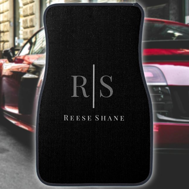 Elegant Grey Monogram & White Name, Black Car Floor Mat (Creator Uploaded)