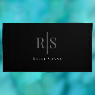 Elegant Grey Monogram & White Name, Black Pillow Case