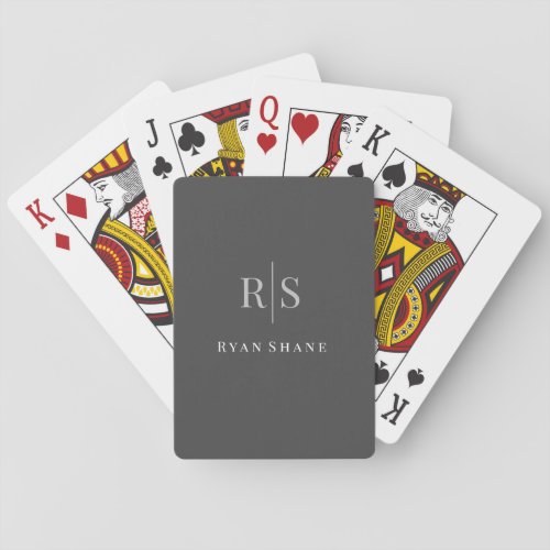 Elegant Grey Monogram  White Name Dark Grey Poker Cards