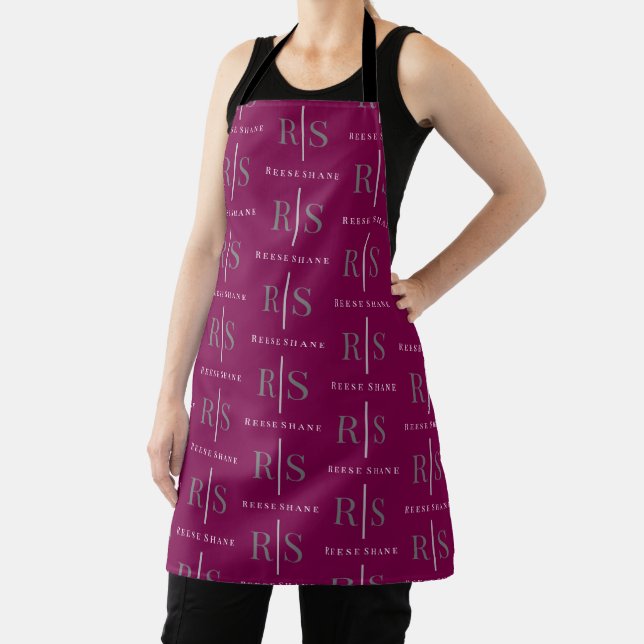Elegant Grey Monogram & White Name, Maroon Apron (Insitu)