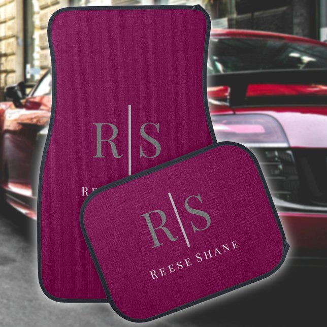 Elegant Grey Monogram & White Name, Maroon Car Floor Mat (Creator Uploaded)