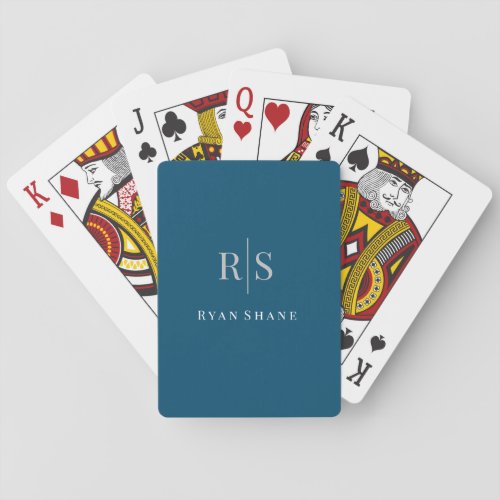 Elegant Grey Monogram  White Name Ocean Blue Playing Cards
