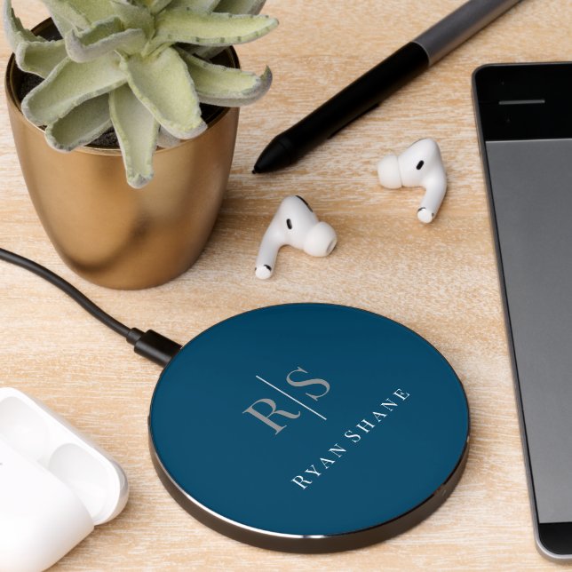 Elegant Grey Monogram & White Name, Ocean Blue Wireless Charger (Desk 2)