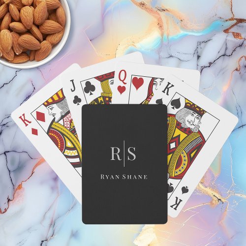 Elegant Grey Monogram  White Name on Black Poker Cards