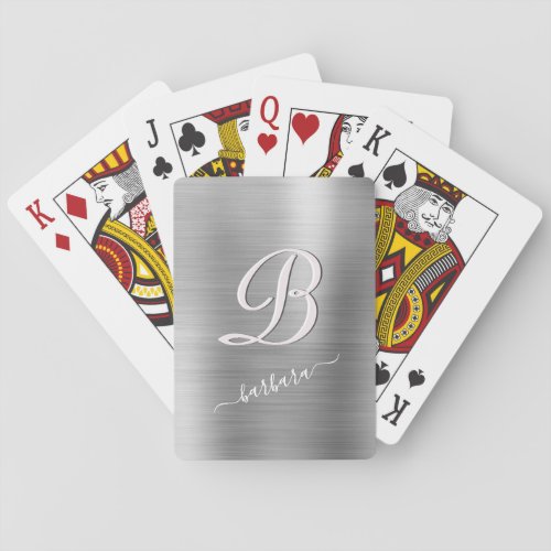 Elegant Grey Pink Brushed Metal Monogram Name  Poker Cards