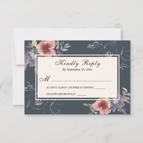 Elegant Grey Pink Floral Navy Background Wedding RSVP Card