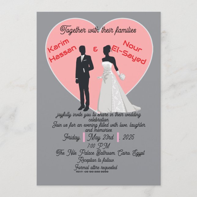 Elegant Grey Pink Heart Bride Groom Invitation (Front)