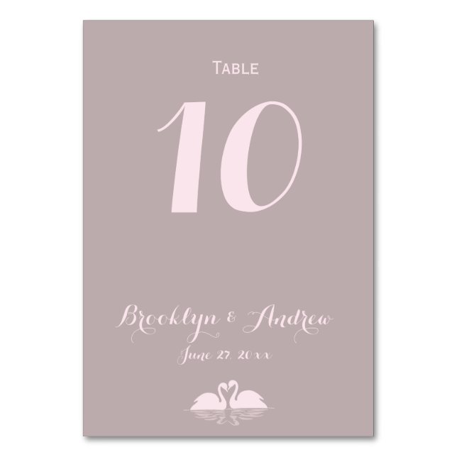 Elegant Grey Pink Swan Wedding Table Numbers (Front)