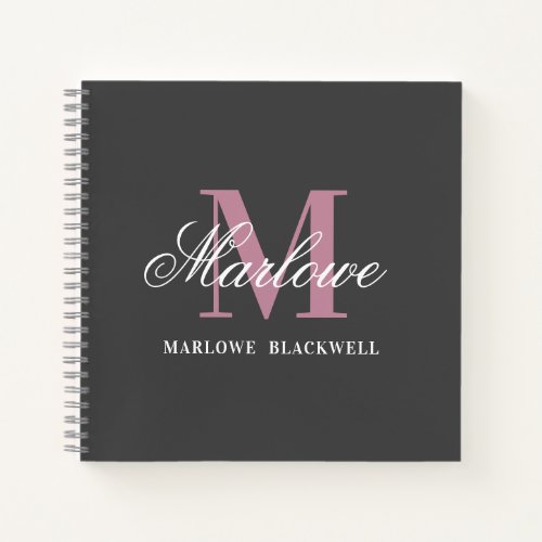 Elegant Grey Pink White Monogram Calligraphy Notebook