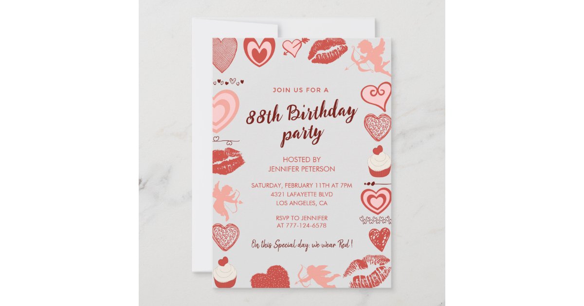 Elegant Grey Red Hearts 88th birthday invitations | Zazzle