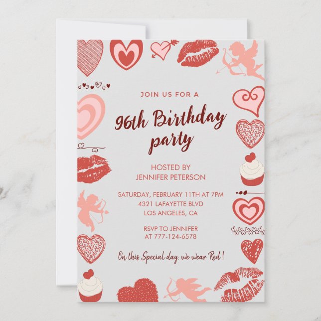 Elegant Grey Red Hearts 96th birthday invitations  (Front)