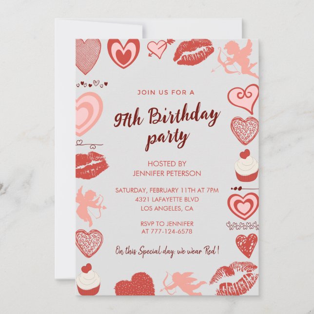 Elegant Grey Red Hearts 97th birthday invitations  (Front)