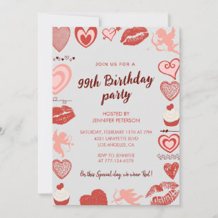 Elegant Grey Red Hearts 99th birthday invitations 