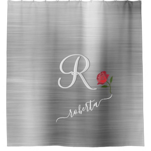 Elegant Grey Red Rose Custom Monogram Name   Shower Curtain