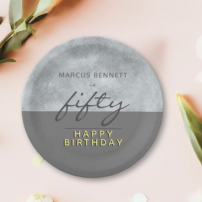 Elegant Grey Script Man 50th Birthday Party Paper Plates (Creator Uploaded)