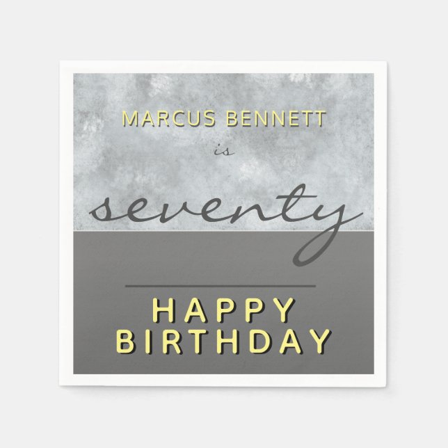 Elegant Grey Script Man Happy 70th Birthday Party Napkins (Front)