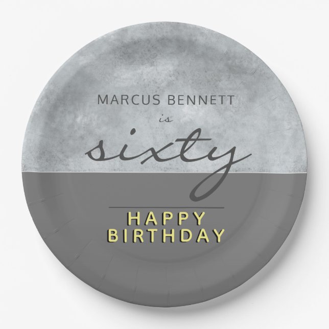 Elegant Grey Script Sixty Man 60th Birthday Party Paper Plates (Front)