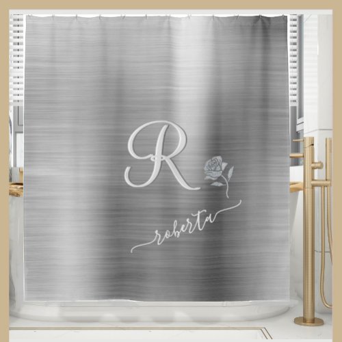 Elegant Grey Silver Rose Custom Monogram Name  Shower Curtain