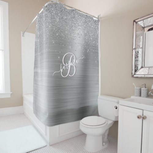 Elegant Grey Sparkle 3 Color Monogram wName Shower Curtain